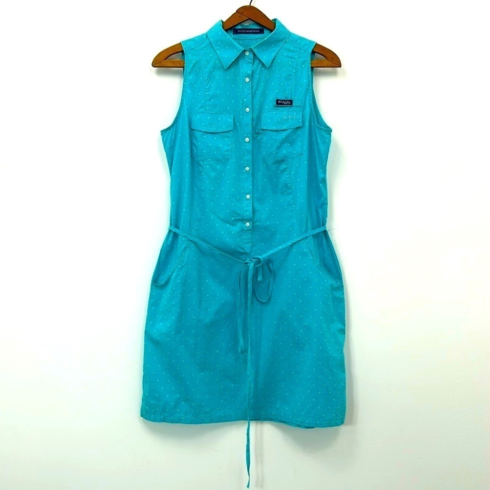 Columbia PFG Teal Cotton Polka Dot Dress Size Small Summer Golf Travel Active